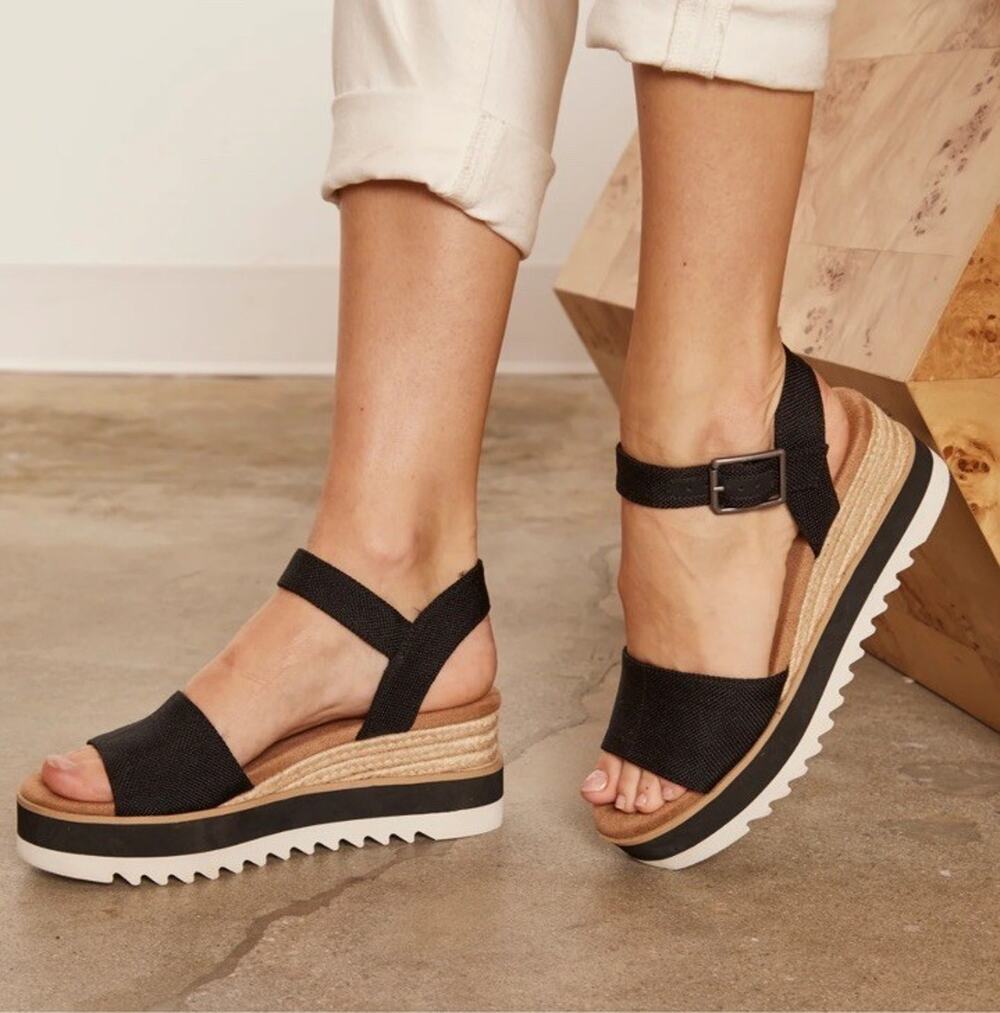 NEW TOMS Diana Platform Wedge Sandal Womens 6.5w Black Ankle Straps Casual